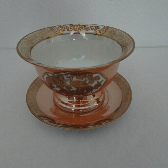 Noritake Orange Lusterware Mayo Condiment Footed Bowl Underplate Peasant Bird - Picture 10 of 11